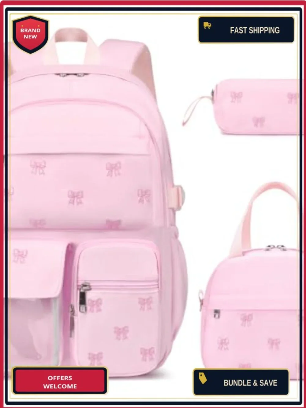 3PC Kids Backpack Set Embroidered Nylon School Bookbag with Lunch Bag Pencil